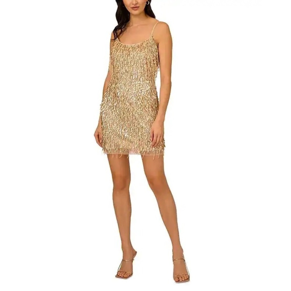 LIV FOSTER All Beaded Spaghetti Straps Boned Bodice Cocktail Gold Mini Dress 2